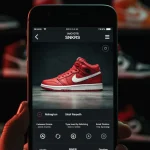Nike SNKRS App on smartphone showing a highly anticipated sneaker release, surrounded by other popular Nike sneakers.