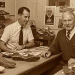 Phil Knight and Bill Bowerman in early Blue Ribbon Sports, surrounded by shoe prototypes, embodying entrepreneurial spirit.