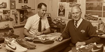 Phil Knight and Bill Bowerman in early Blue Ribbon Sports, surrounded by shoe prototypes, embodying entrepreneurial spirit.